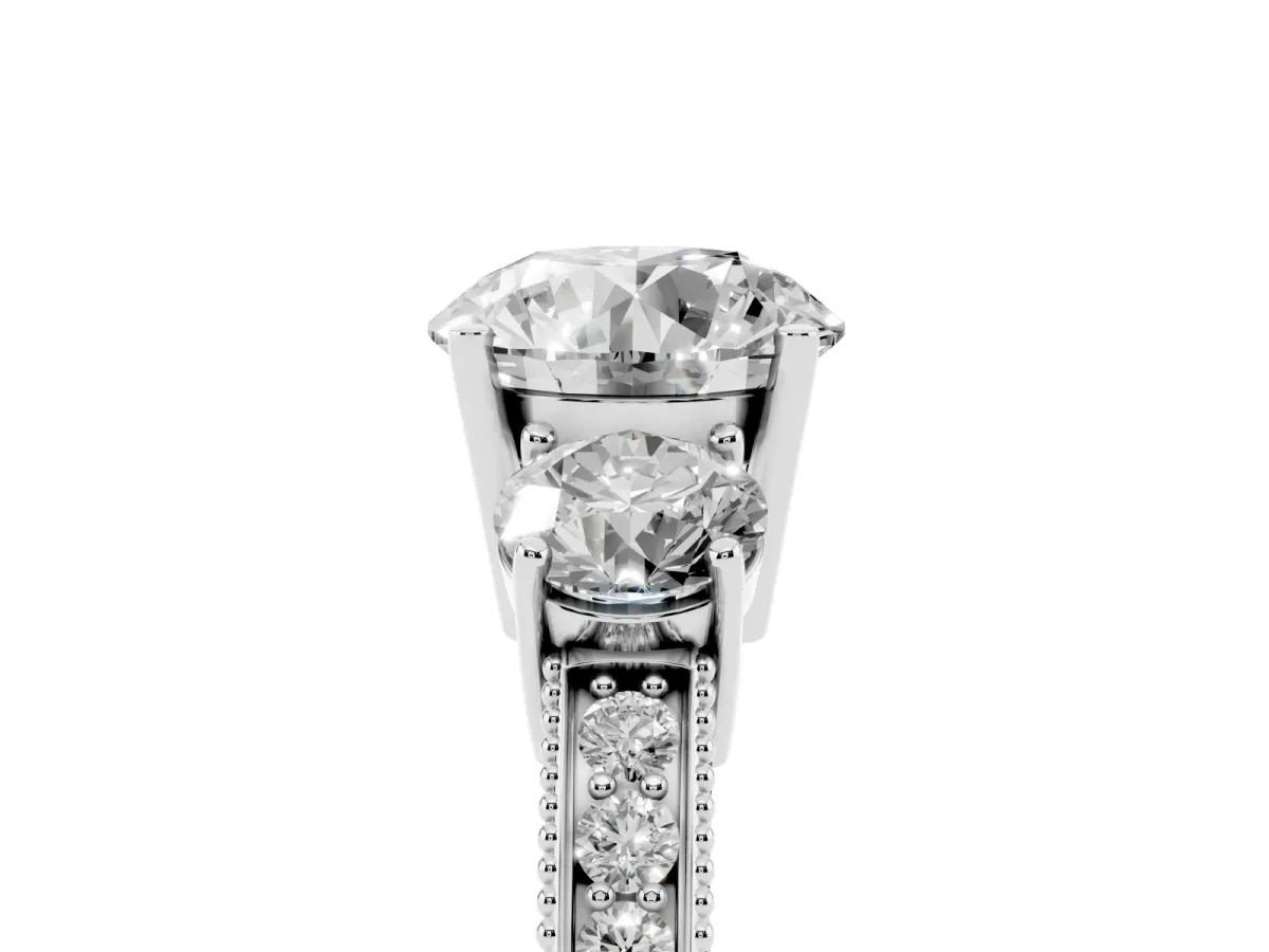Round Cut Three-Stone Diamond Ring with Pavé Band and Four-Prong Setting Silver