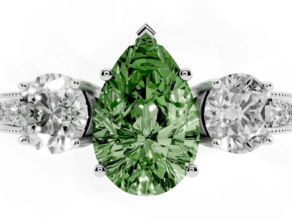 Fancy Green Pear Cut Three-Stone Diamond Ring with Pavé Band and Four-Prong Setting Silver