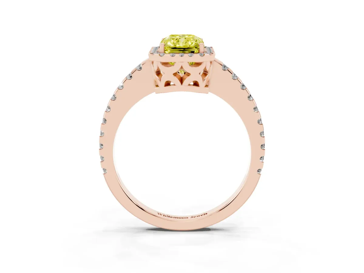 Fancy Yellow Radiant Cut Diamond Halo Engagement Ring with Pavé Band and Prong Setting Rose gold