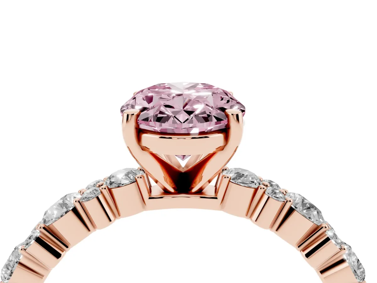 Fancy Pink Oval Cut Diamond Side Stone Solitaire Ring with Round and Four-Prong Setting Rose gold