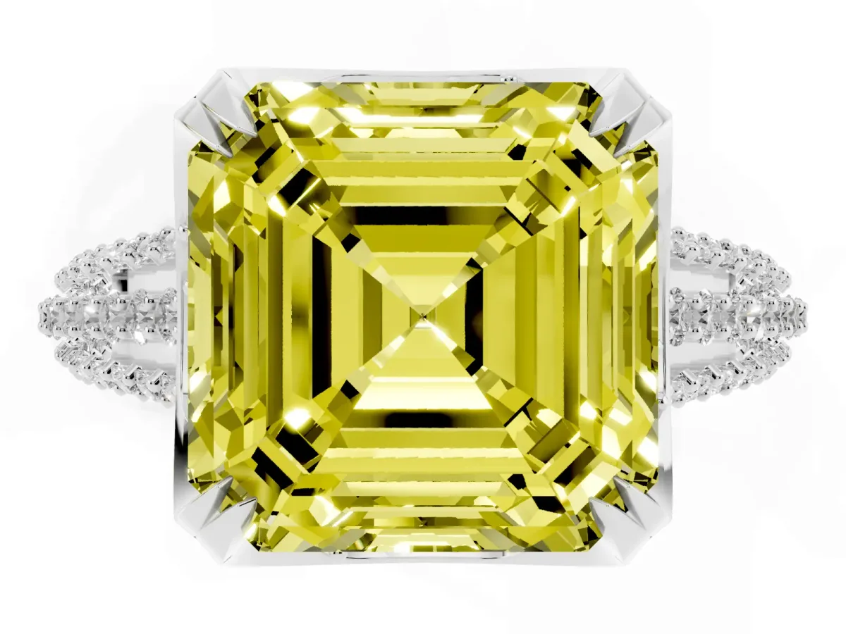Fancy Yellow Asscher Cut Solitaire Pave Split Shank Ring with Four-Prong Setting Platinum