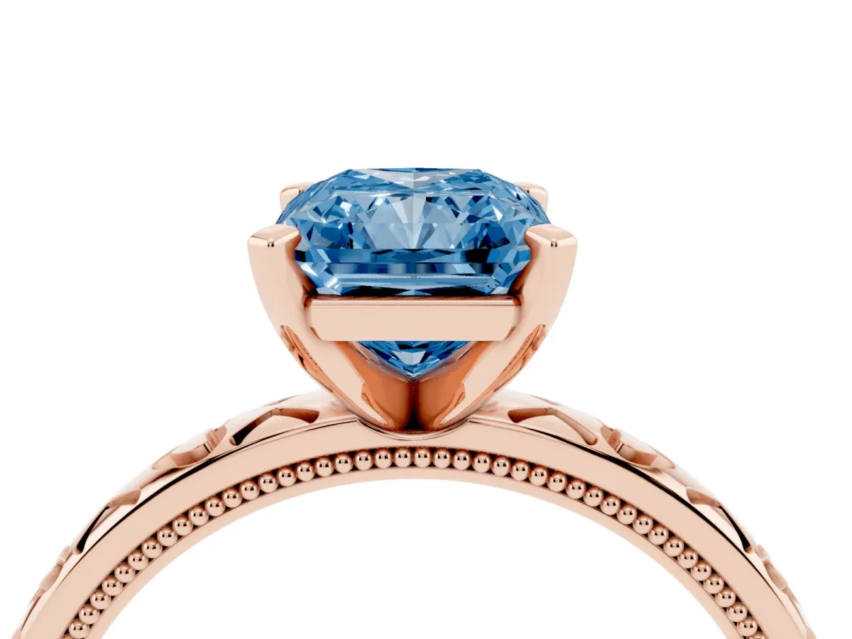Fancy Blue Radiant Cut Solitaire Diamond Engagement Ring with XO Engraved Band and Four-Prong Setting Rose gold