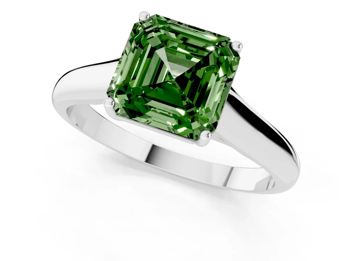 Fancy Green Asscher Cut Solitaire Engagement Ring with Tapered Band and Four-Prong Setting Silver