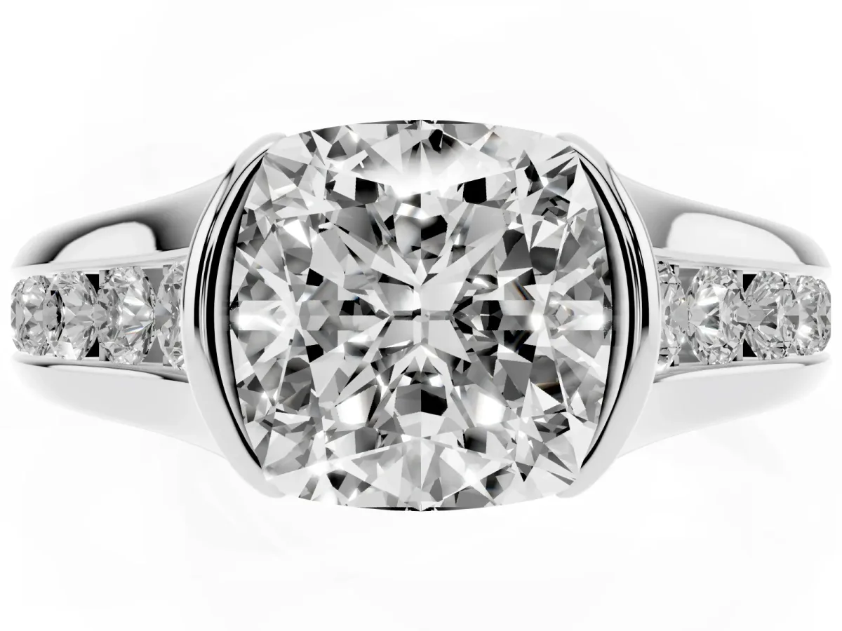 Cushion Cut Solitaire Bezel-Set Diamond Ring with Channel-Set Band Silver
