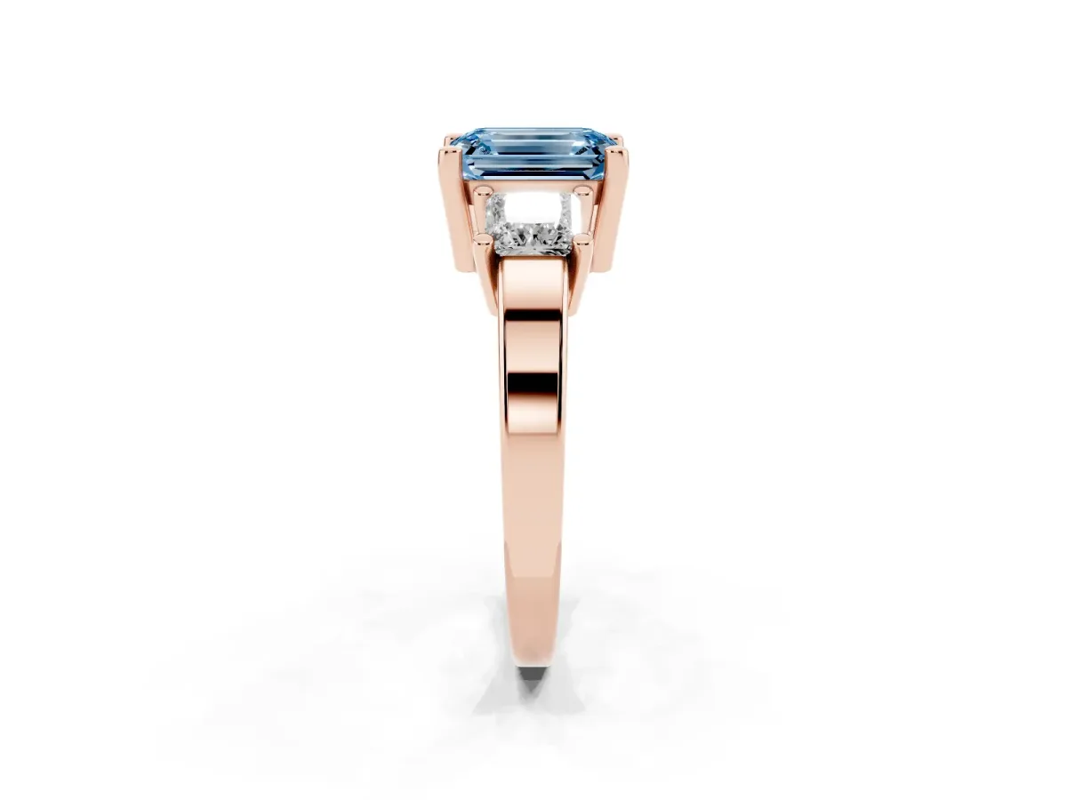 Fancy Blue Three-Stone Emerald Cut Cut Solitaire Ring with Prong Setting Rose gold