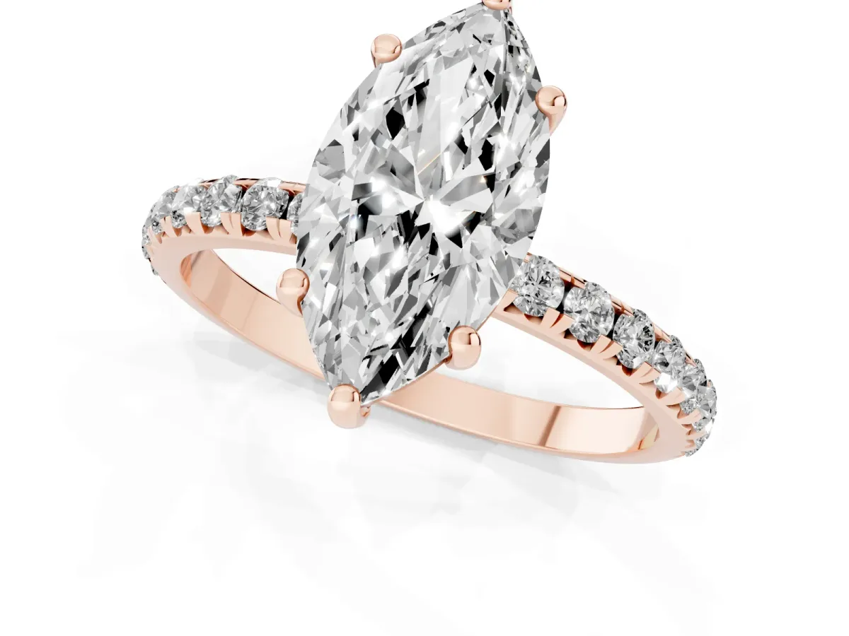 Marquise Cut Cut Diamond Solitaire Ring with Micro Pave Band and Four Prong Setting Rose gold