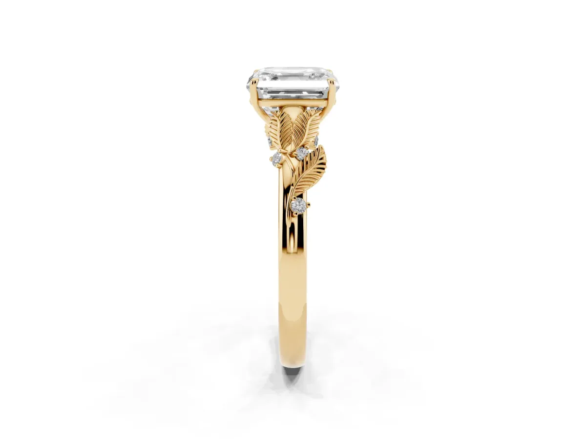 Asscher Cut Diamond Solitaire Ring with Leaf Motif Band and Four-Prong Setting Yellow gold