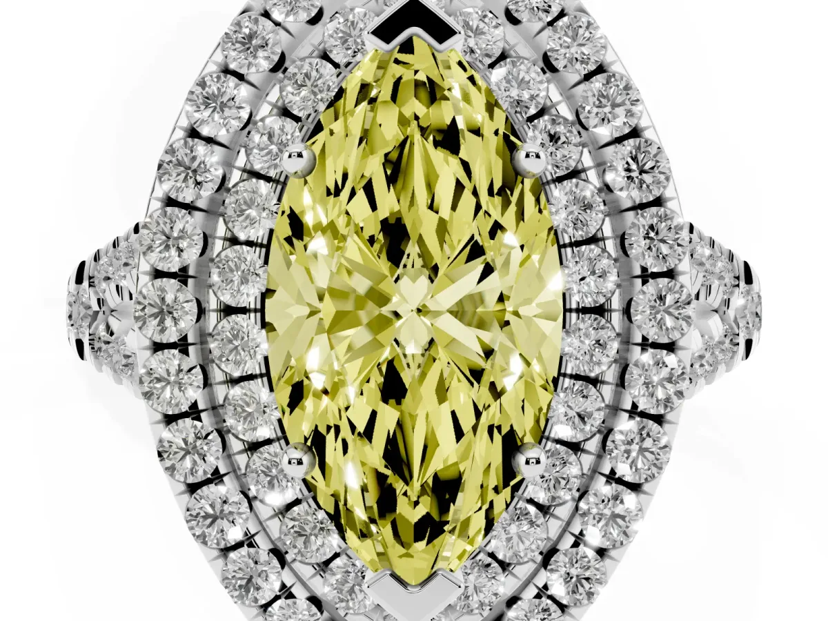 Fancy Yellow Double Halo Marquise Cut Diamond Pavé Split Shank Ring with Prong Setting Silver