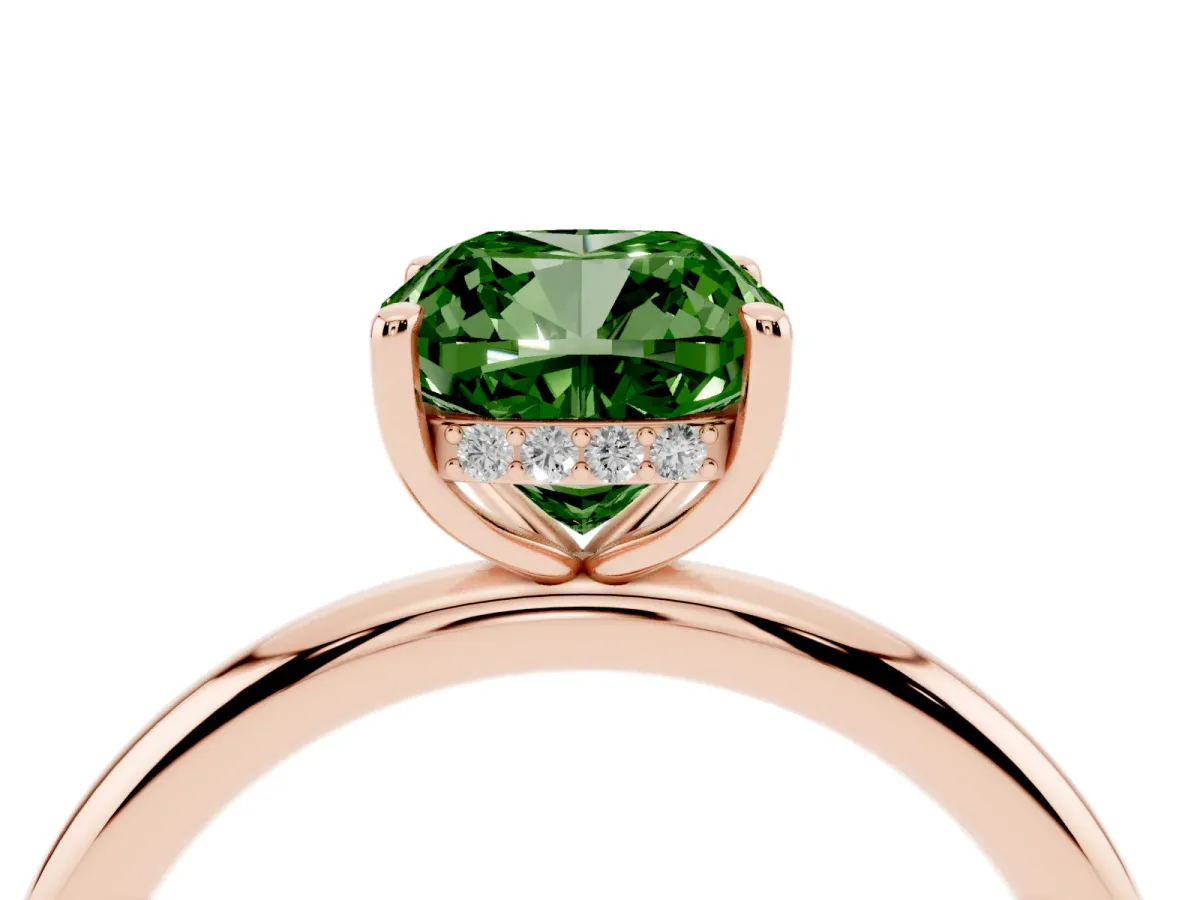 Fancy Green Cushion Cut Diamond Solitaire Ring with Thin Band and Four-Prong Setting Rose gold