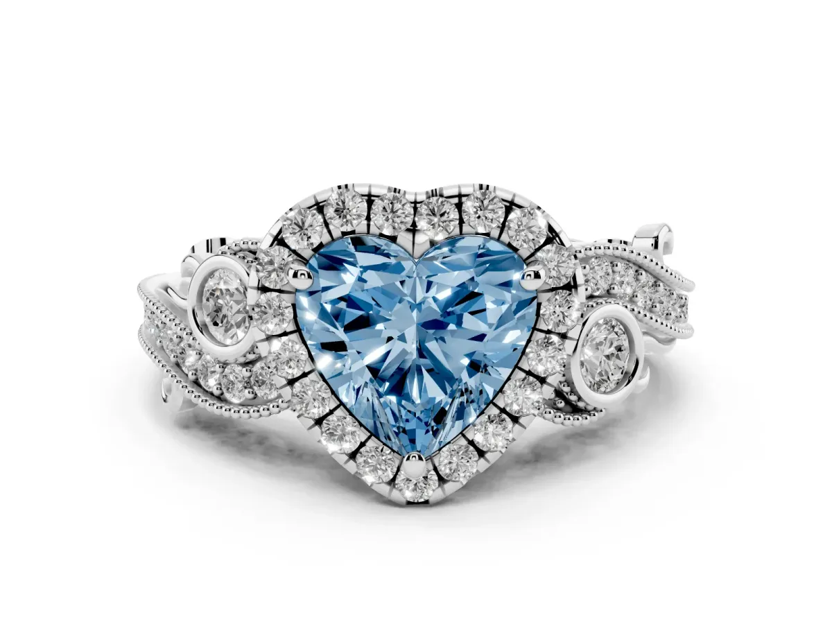 Fancy Blue Heart Cut Diamond Halo Ring with Milgrain Pavé Band and Four-Prong Setting White gold