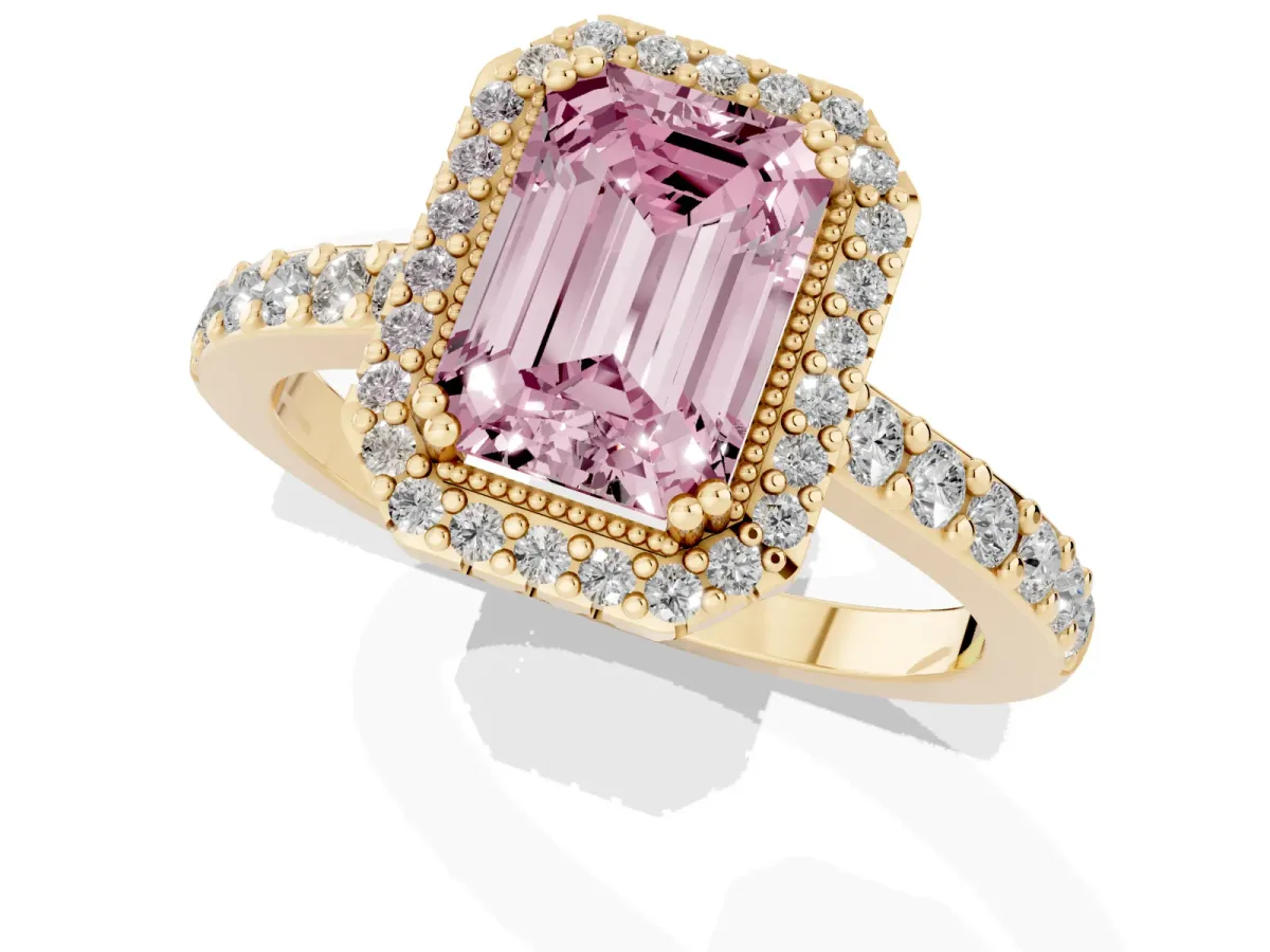 Fancy Pink Emerald Cut Cut Diamond Halo Engagement Ring with Milgrain Detail and Pavé Band Yellow gold