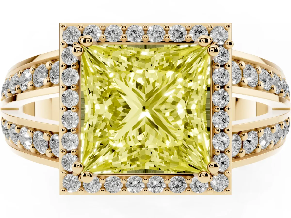 Fancy Yellow Princess Cut Diamond Halo Ring with Split Shank Pavé Band and Four-Prong Setting Yellow gold