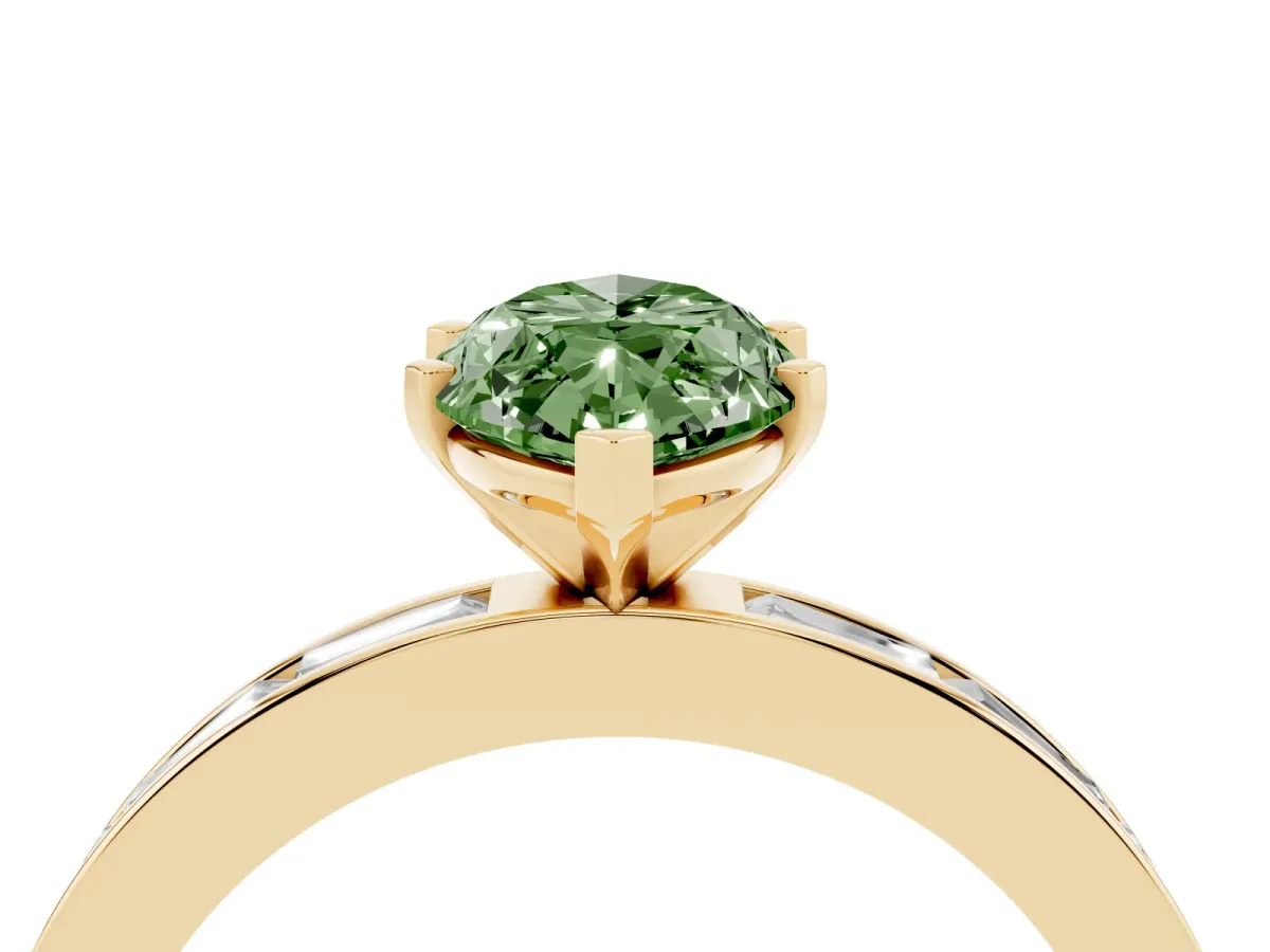 Fancy Green Marquise Cut Solitaire Diamond Ring with Channel-Set Baguette Band and Four-Prong Setting Yellow gold