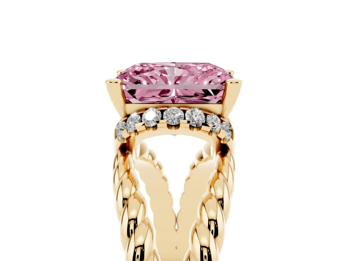 Fancy Pink Radiant Cut Halo Twisted Band Four-Prong Ring Yellow gold