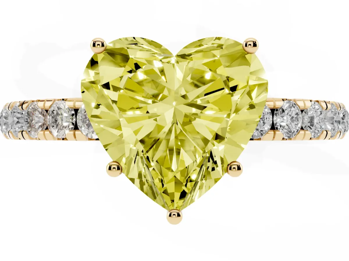 Fancy Yellow Heart Cut Diamond Pavé Solitaire Engagement Ring with Four-Prong Setting Yellow gold