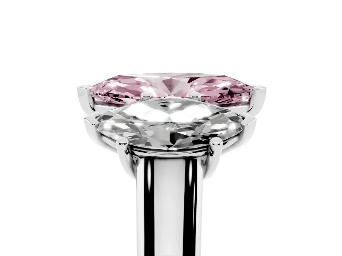 Fancy Pink Marquise Cut Three-Stone Diamond Ring with Prong Setting on a Classic Band Silver