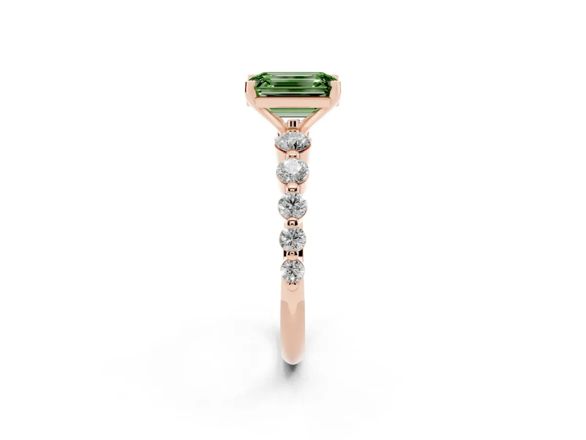 Fancy Green Emerald Cut Solitaire Diamond Ring with Pave Band and Four-Prong Setting Rose gold