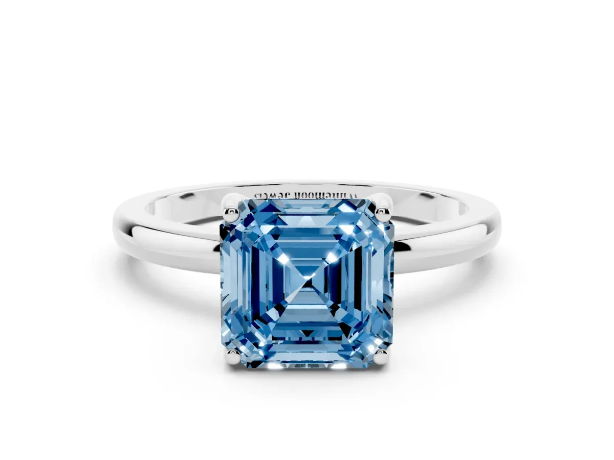 Fancy Blue Asscher Cut Solitaire Diamond Ring with Prong Setting and Plain Band Silver