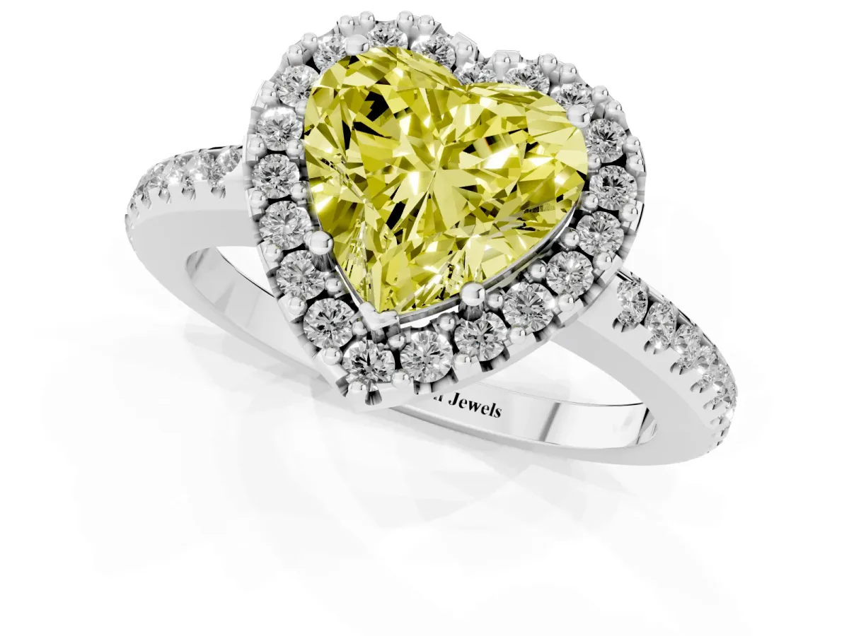 Fancy Yellow Heart Cut Diamond Pavé Halo Ring with Four-Prong Setting Silver