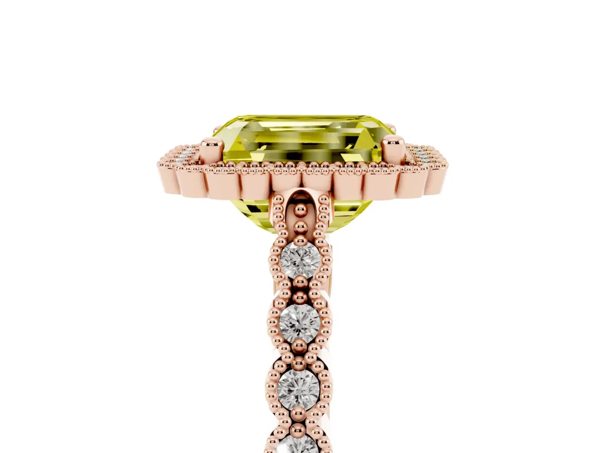 Fancy Yellow Radiant Cut Cut Halo Pavé Solitaire Ring with Milgrain Band Rose gold