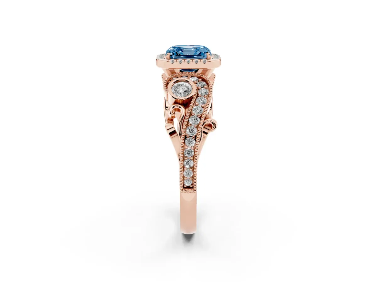 Fancy Blue Asscher Cut Diamond Halo Ring with Milgrain Pavé Band and Four-Prong Setting Rose gold