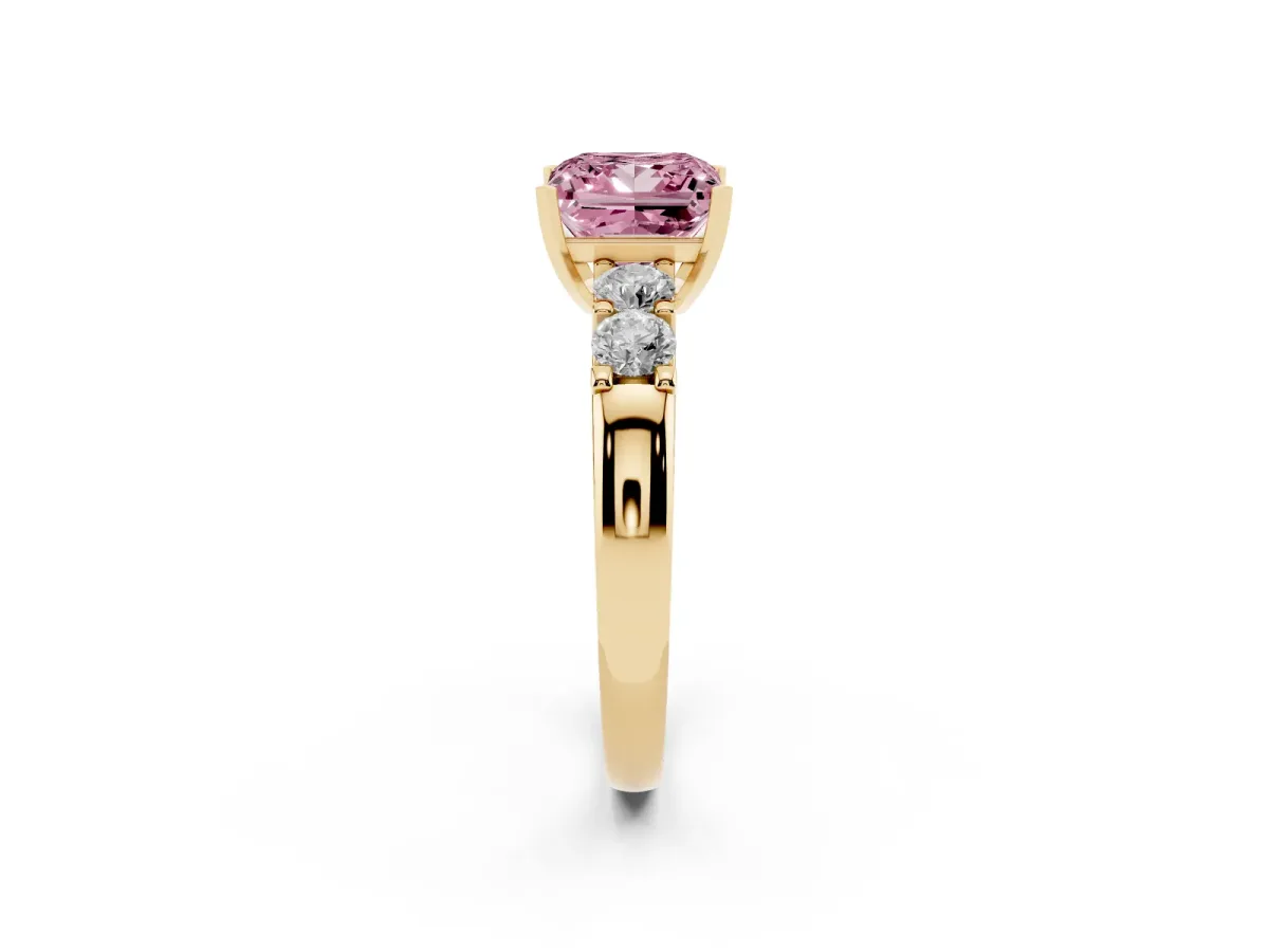 Fancy Pink Princess Cut Brilliant Cut Diamond Five-Stone Prong Set Engagement Ring with Channel Band Yellow gold