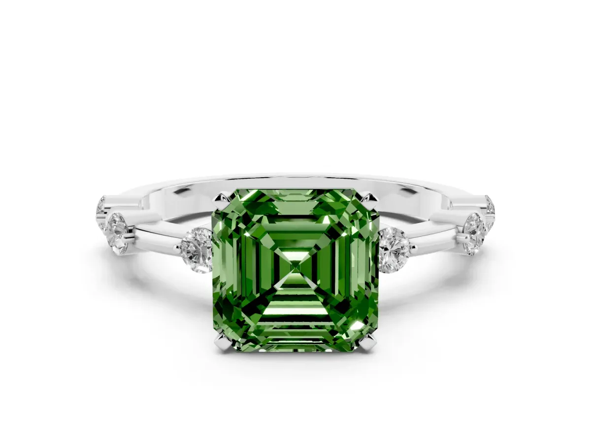 Fancy Green Asscher Cut Solitaire Diamond Ring with Bezel Set Side Stones and Prong Setting Silver