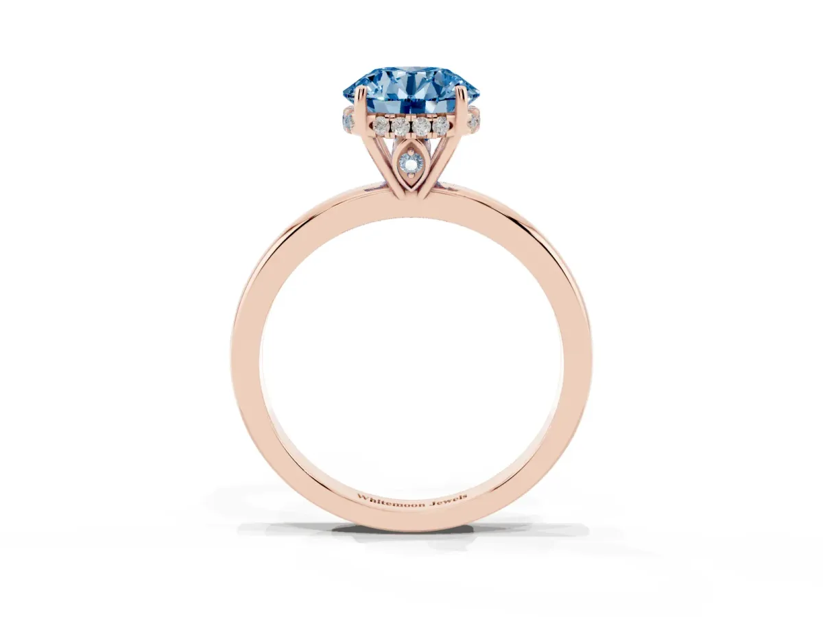 Fancy Blue Round Cut Solitaire Diamond Ring with Prong Setting and Plain Band Rose gold