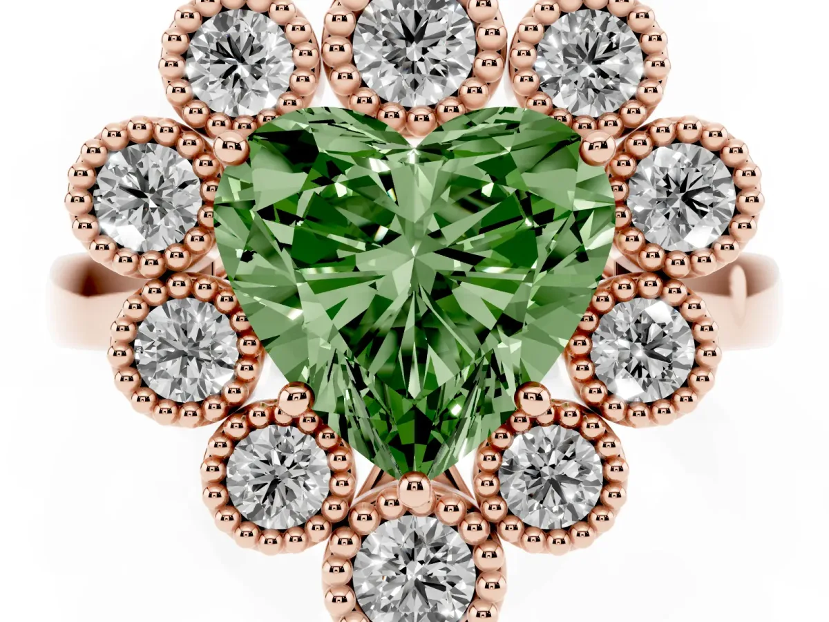 Fancy Green Heart Cut Halo Diamond Cluster Engagement Ring with Milgrain Bezel Setting and Solitaire Band Rose gold