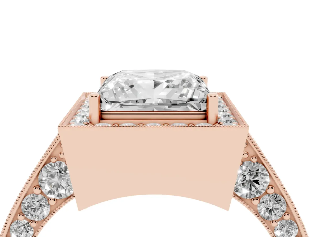 Princess Cut Halo Diamond Engagement Ring with Split Shank Band and Four-Prong Setting Rose gold
