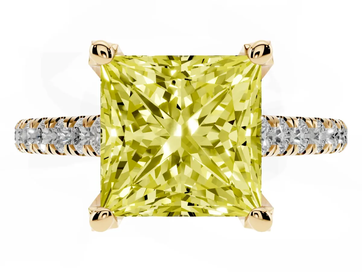 Fancy Yellow Princess Cut Brilliant Diamond Solitaire with Pavé Band and Four-Prong Setting Yellow gold