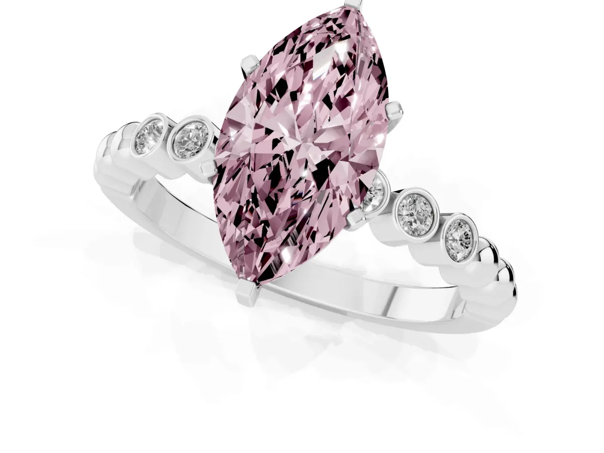 Fancy Pink Marquise Cut Solitaire Bezel Accent Diamond Engagement Ring with Beaded Band and Four-Prong Setting Platinum