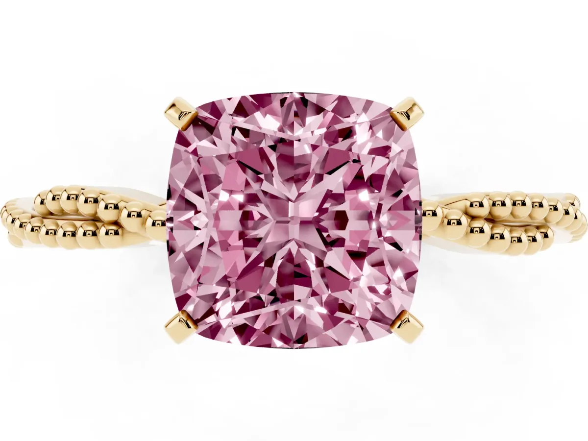 Fancy Pink Cushion Cut Solitaire Twisted Band with Bead Prong Setting Yellow gold