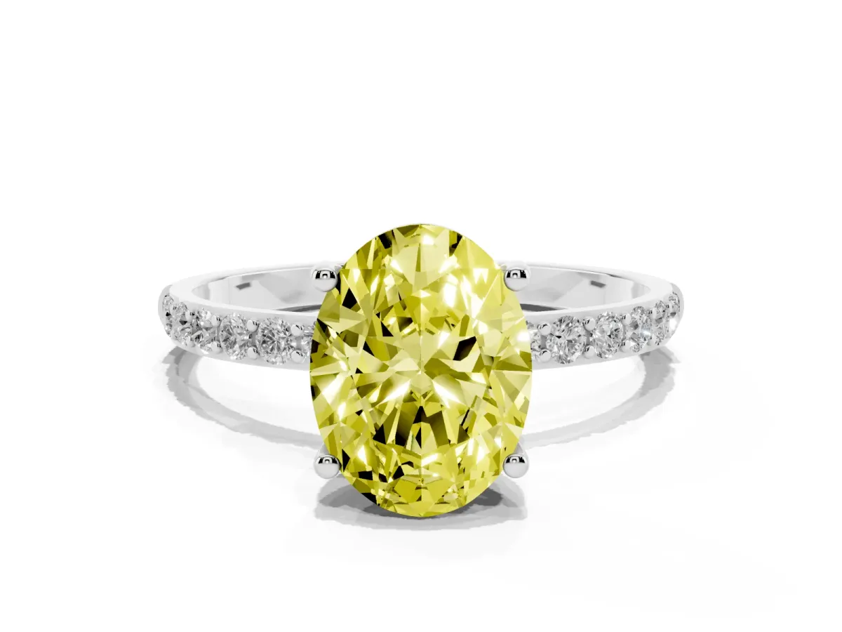 Fancy Yellow Oval Cut Diamond Solitaire Ring with Round Pavé Shoulders and Prong Setting Silver