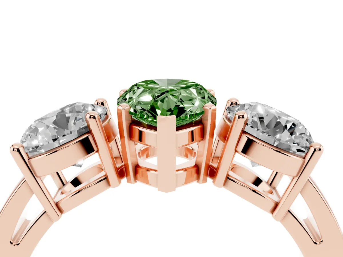 Fancy Green Three-Stone Pear Cut Diamond Ring with Round Side Stones, Classic Band, and Four-Prong Setting Rose gold