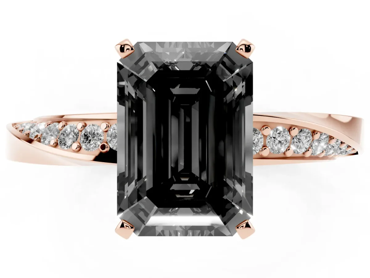 Fancy Black Emerald Cut Diamond Engagement Ring with Side Stone Accents and Four-Prong Setting Rose gold