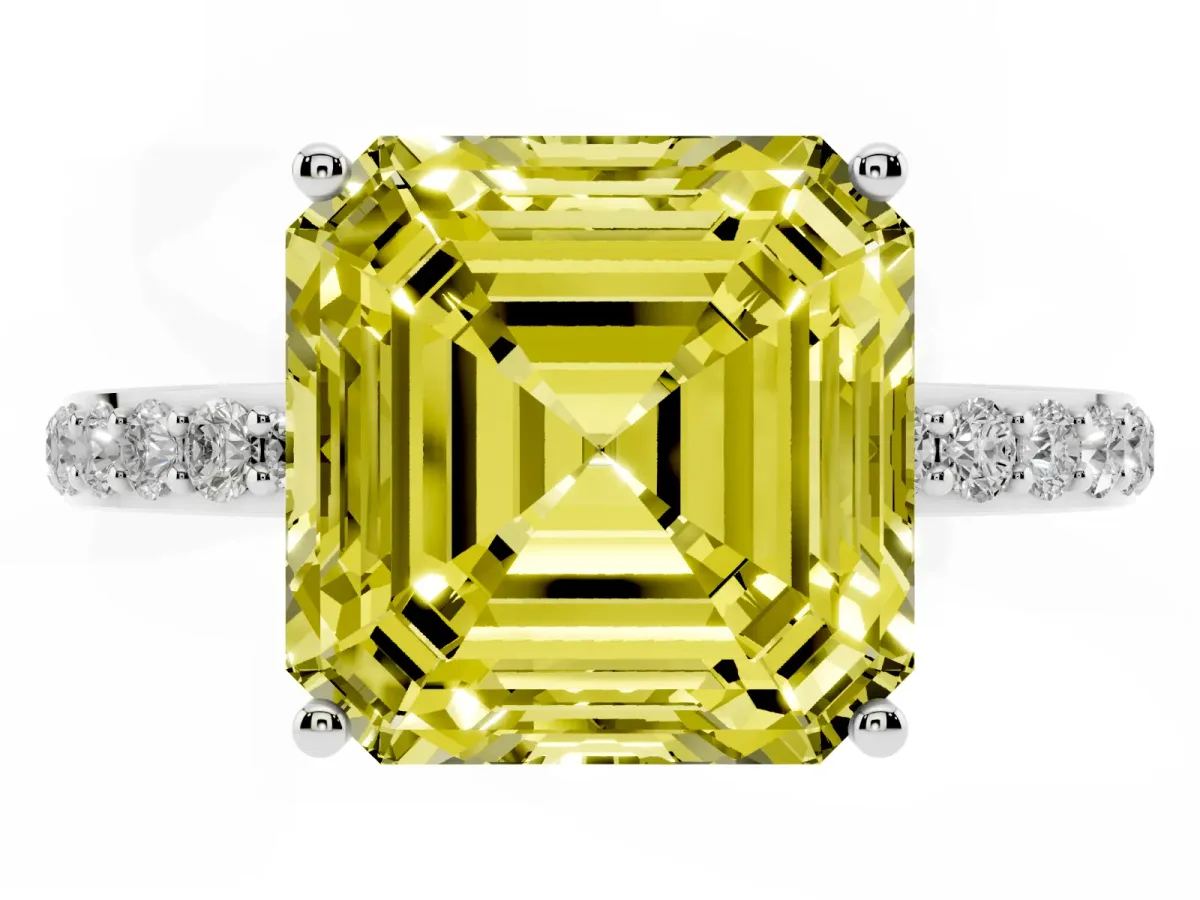 Fancy Yellow Asscher Cut Diamond Solitaire Ring with Pavé Band and Hidden Halo Platinum