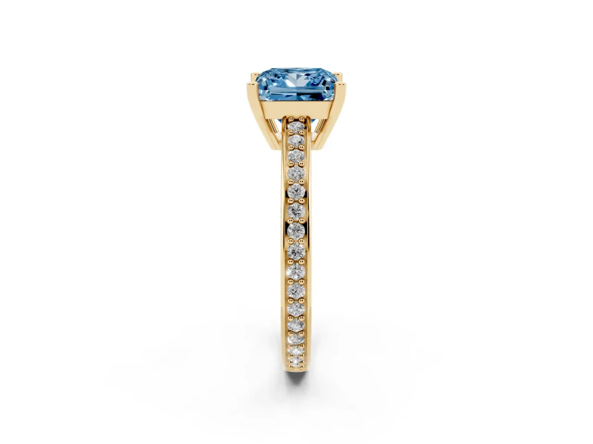Fancy Blue Princess Cut Solitaire Pavé Band Prong Setting Ring Yellow gold