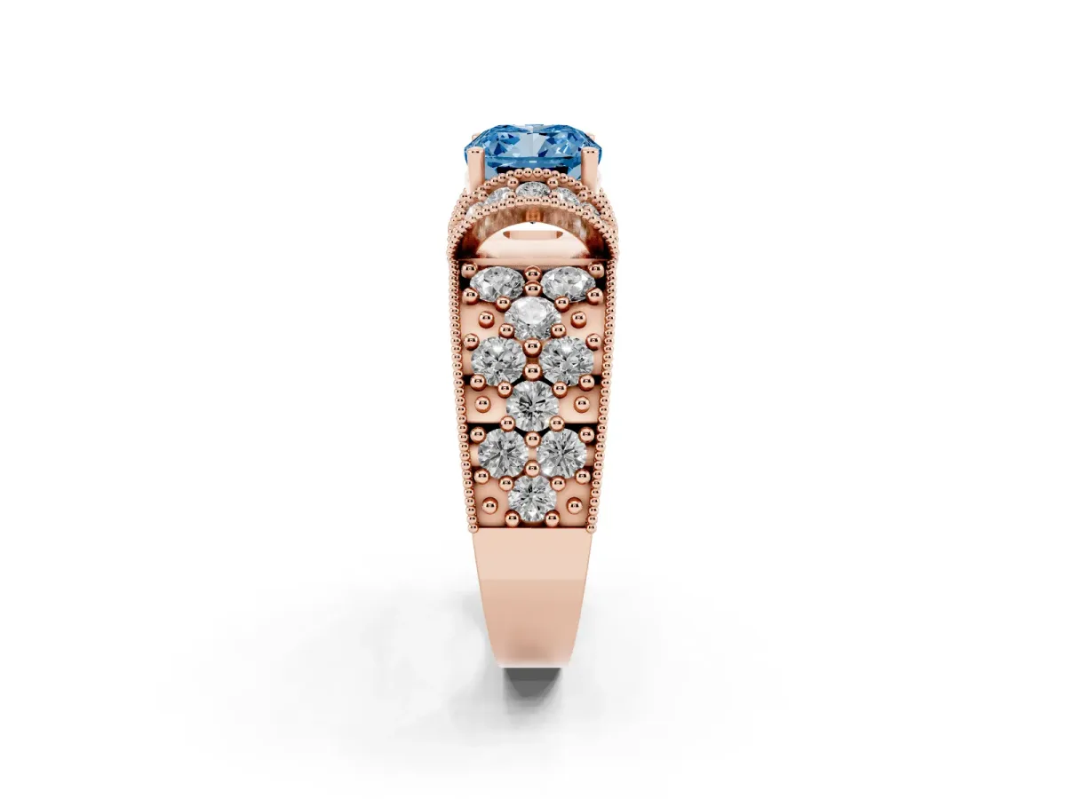 Fancy Blue Cushion Cut Halo Pave Diamond Engagement Ring with Milgrain Detailing Rose gold