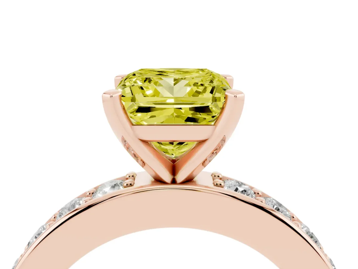 Fancy Yellow Princess Cut Diamond Engagement Ring with Channel Set Round Band and Prong Setting Rose gold