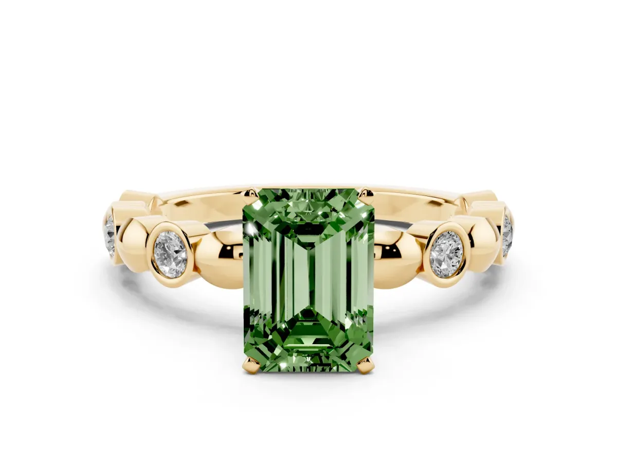 Fancy Green Emerald Cut Solitaire Bezel-Set Diamond Ring with Beaded Band and Four-Prong Setting Yellow gold