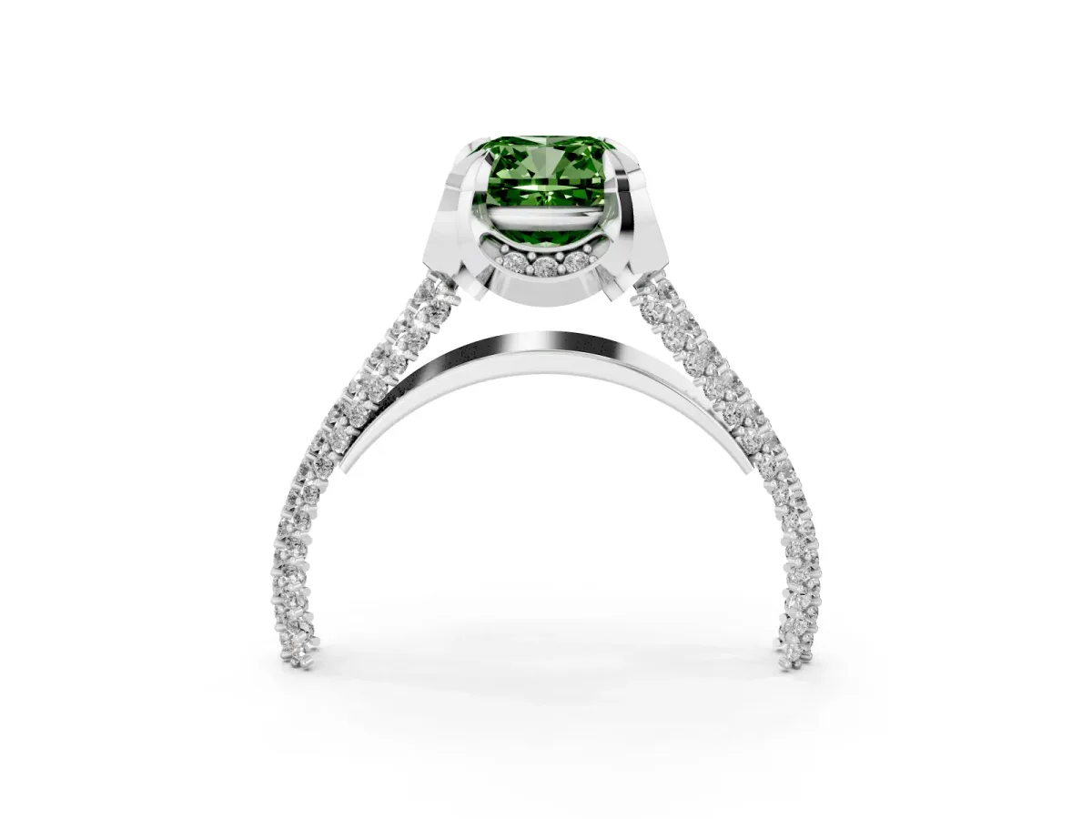 Fancy Green Cushion Cut Solitaire Pave Split Shank Ring with Four-Prong Setting Silver