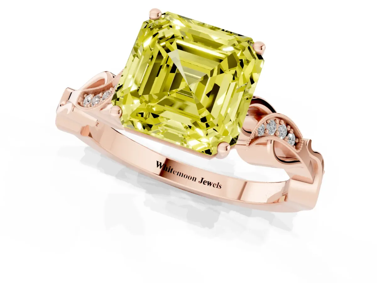Fancy Yellow Asscher Cut Solitaire Vine Band with Milgrain Prong Setting Rose gold
