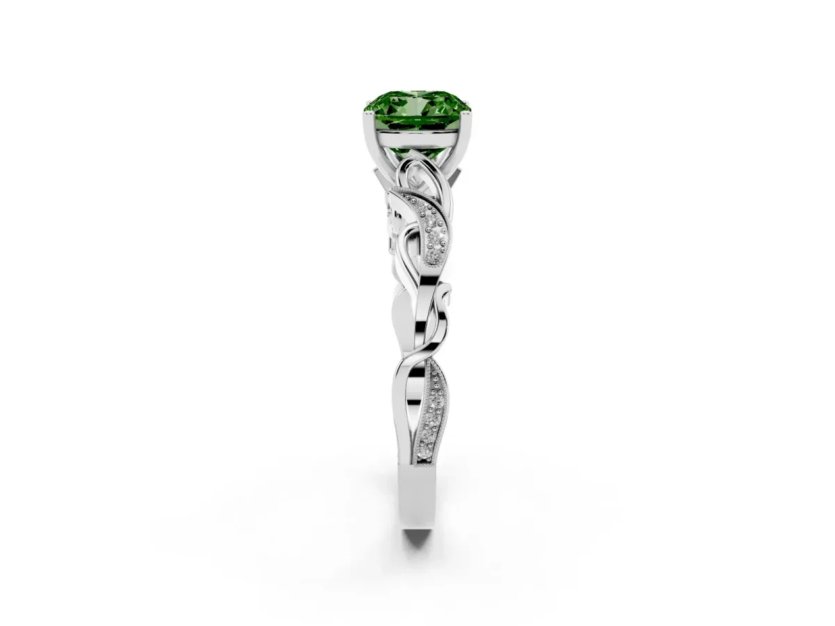 Fancy Green Cushion Cut Solitaire Vine Band with Milgrain Prong Setting Platinum