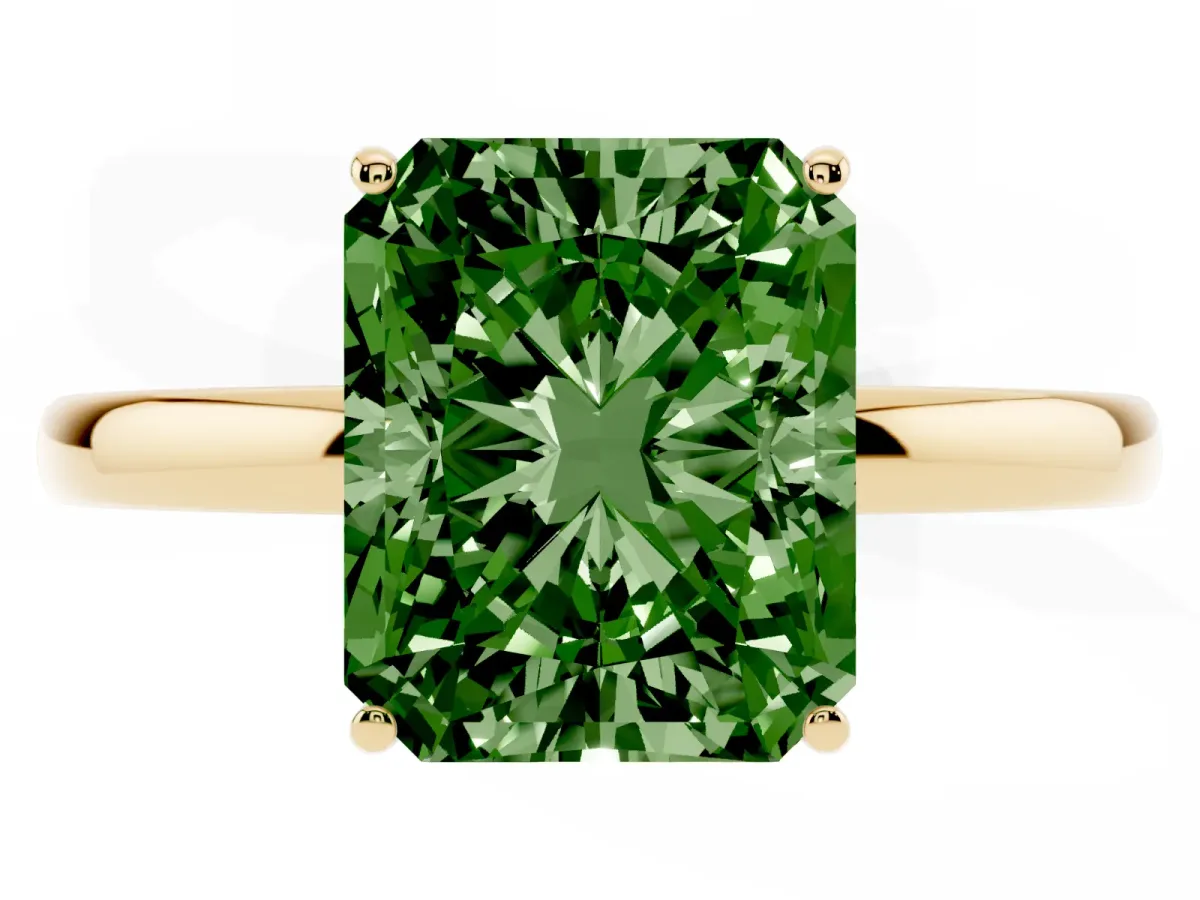 Fancy Green Radiant Cut Solitaire Diamond Ring with Prong Setting and Plain Band Yellow gold