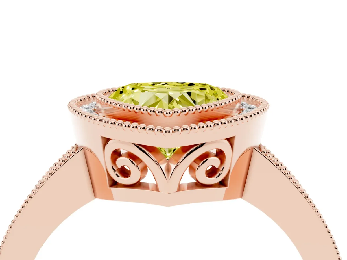 Fancy Yellow Heart Cut Cut Halo Diamond Ring with Pavé Band and Milgrain Prong Setting Rose gold