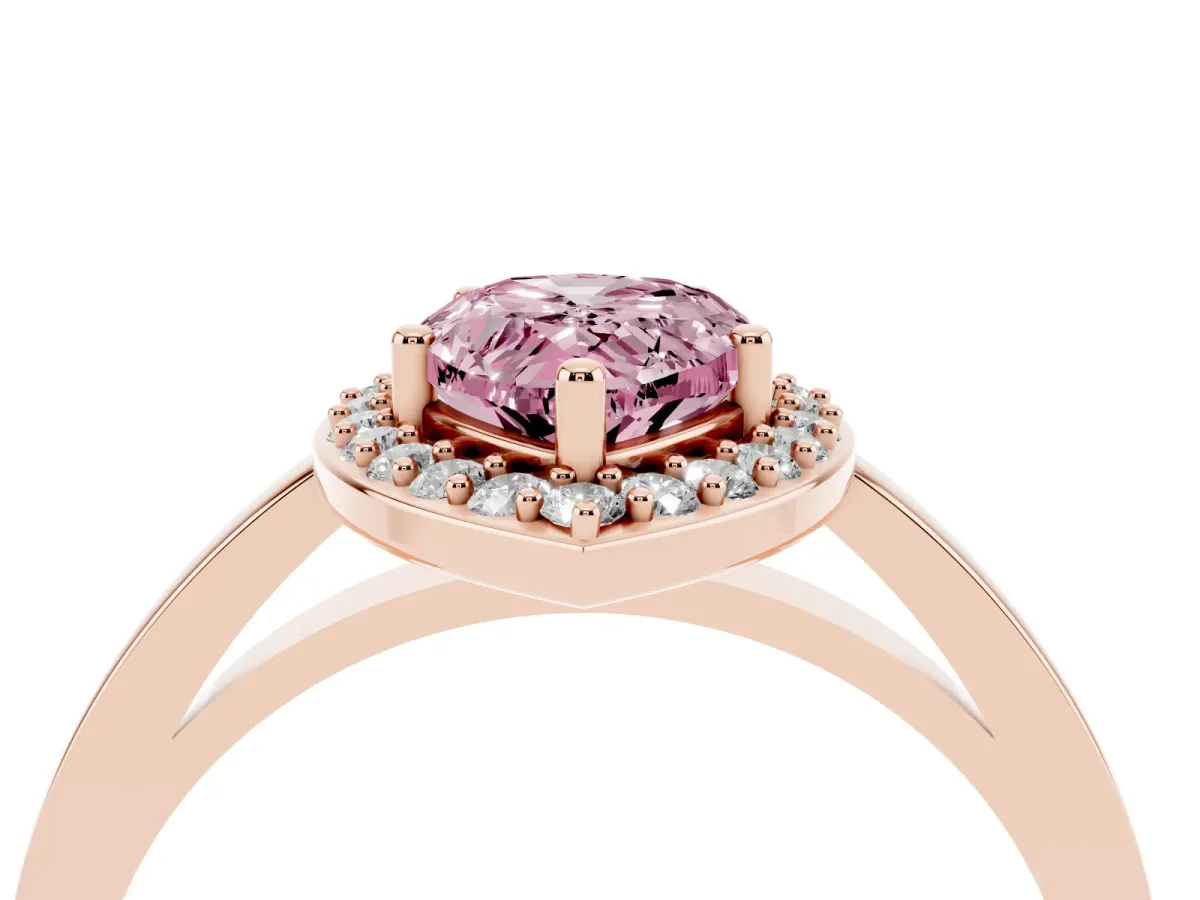 Fancy Pink Pear Cut Halo Diamond Ring with Solitaire Band and Prong Setting Rose gold