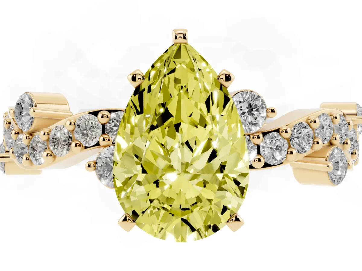 Fancy Yellow Pear Cut Cut Solitaire Diamond Twisted Band with Pave Setting Yellow gold