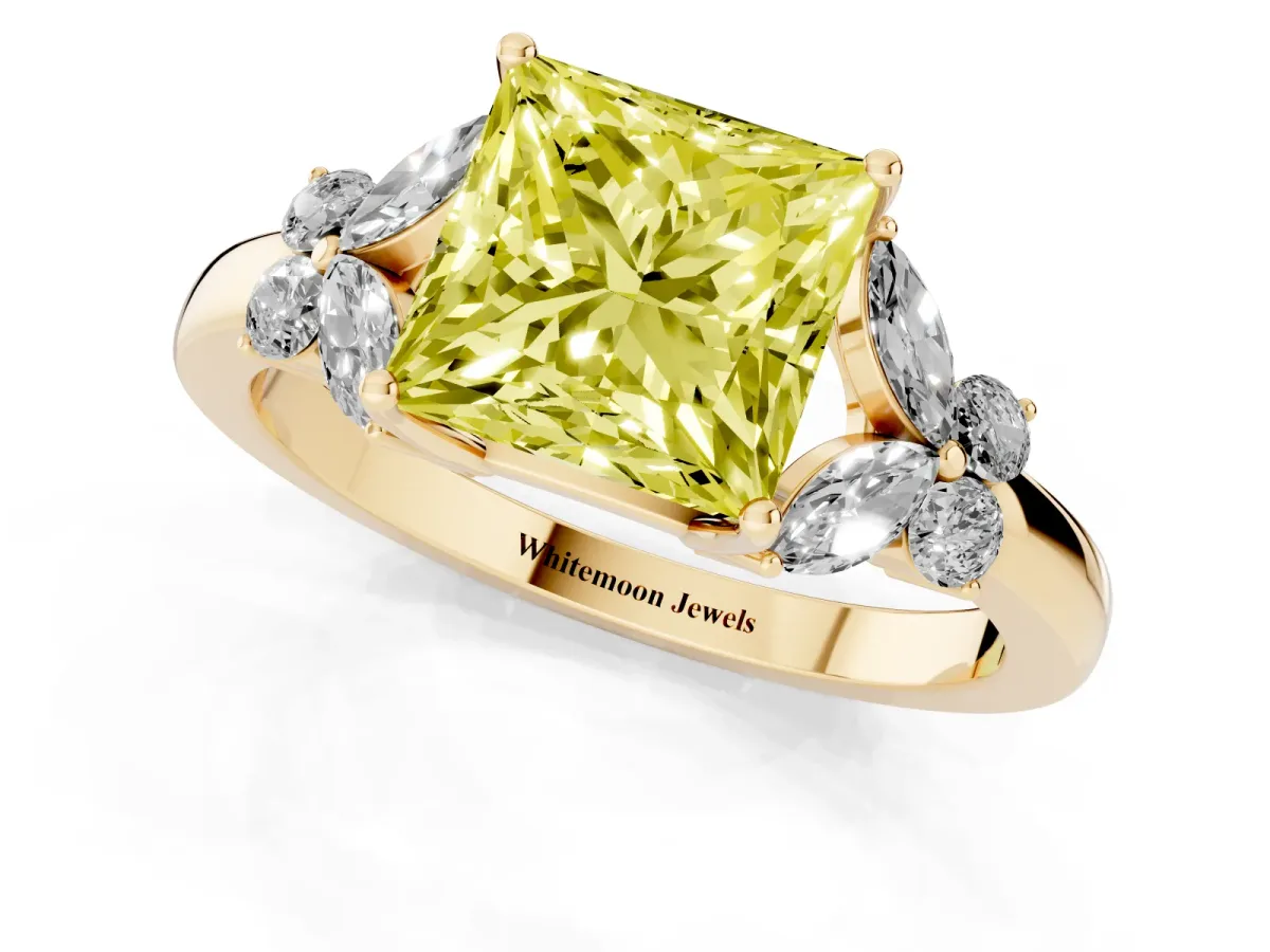 Fancy Yellow Princess Cut Cut Solitaire Floral Diamond Ring with Four-Prong Setting Yellow gold