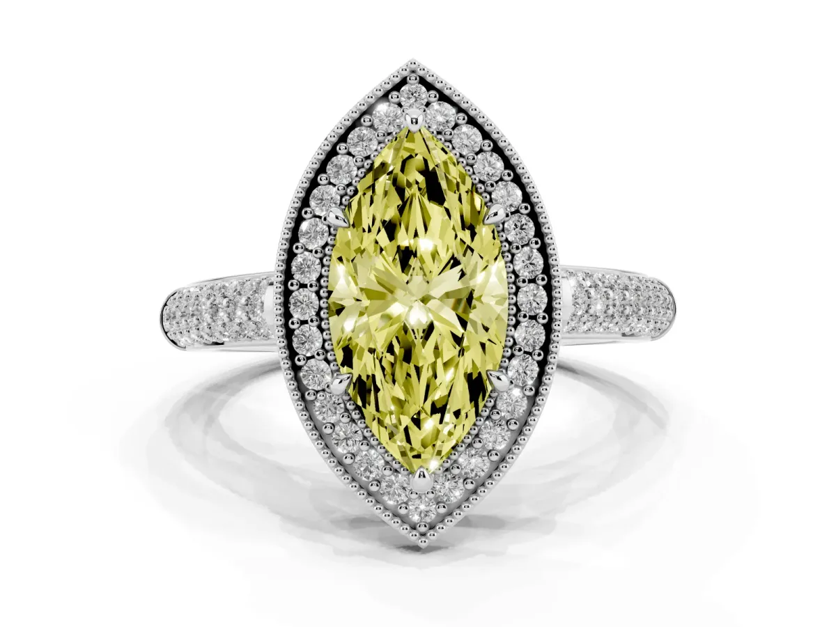 Fancy Yellow Marquise Cut Cut Halo Diamond Pave Band with Four-Prong Setting Silver